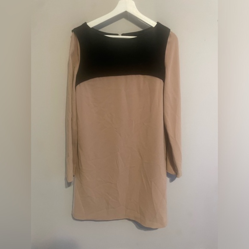 TIBI NEW YORK | Colorblock Long Sleeve Shift Dress Tan‎ & Black Women’s Size 8